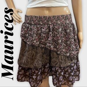 Maurices Brown & Pink Floral Print Ruffle Skirt